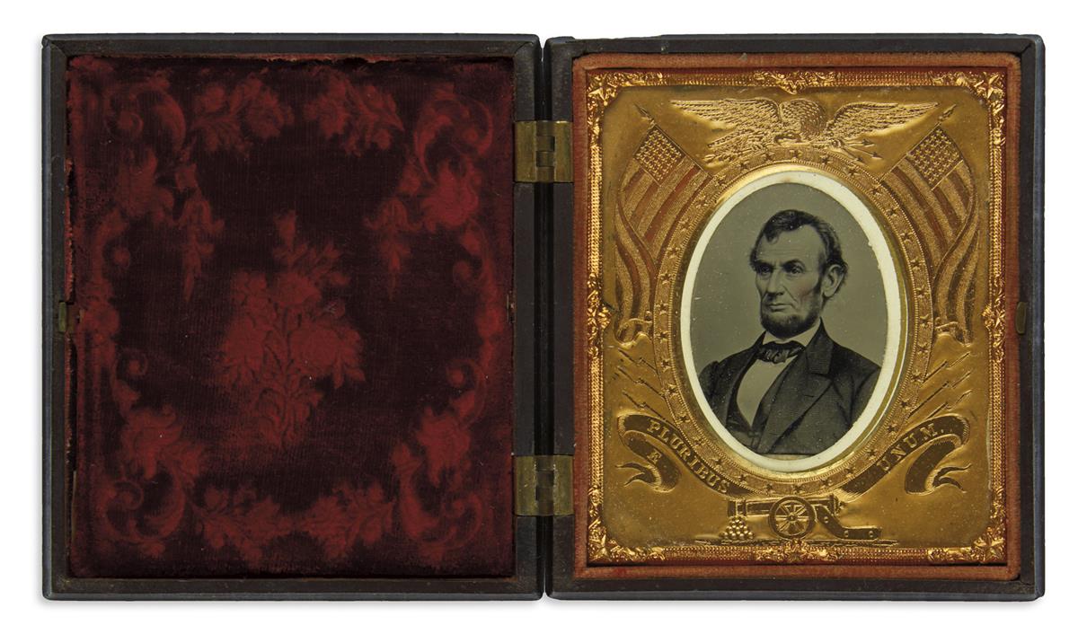 (LINCOLN, ABRAHAM.) Cased tintype portrait, apparently produced for the 1864 campaign.